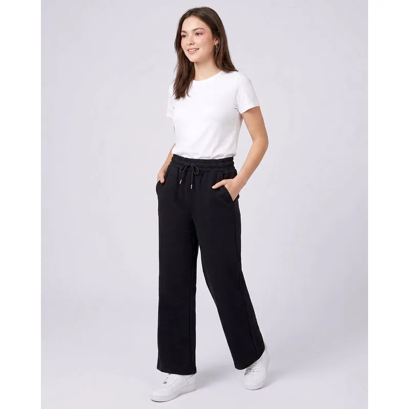 Calça Moletom Feminina Básica Wide Leg com Bolsos Preto P