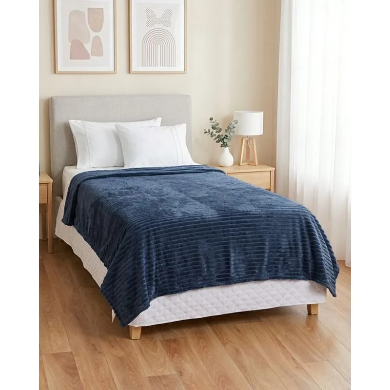 Manta Solteiro Flannel 140cm x 220cm Fleece Canelado Marinho UN