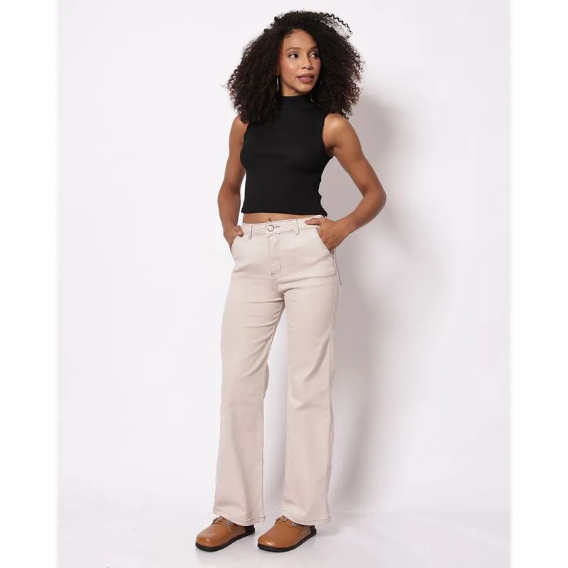 Calça Sarja Feminina Biotipo Wide Leg Petit Bege 46