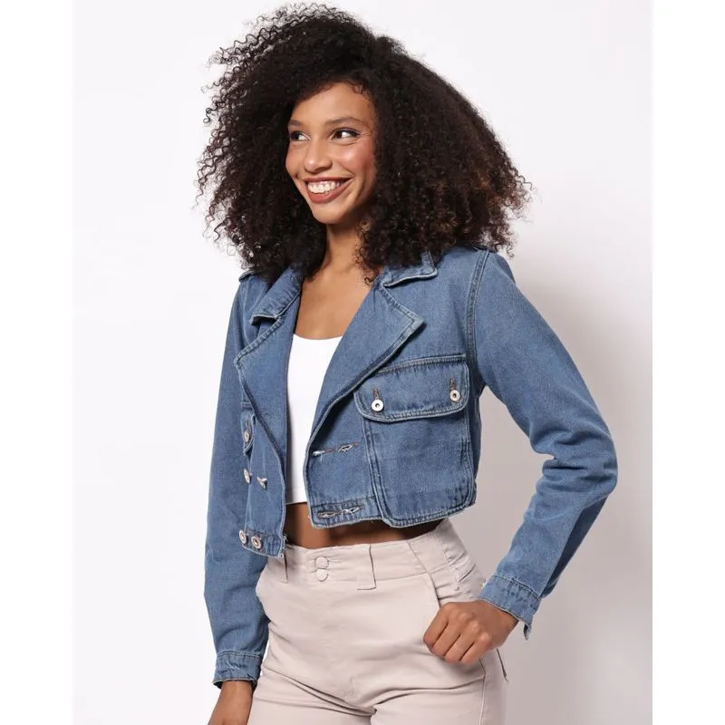 Jaqueta Jeans Feminina Biotipo Cropped com Bolsos Azul G