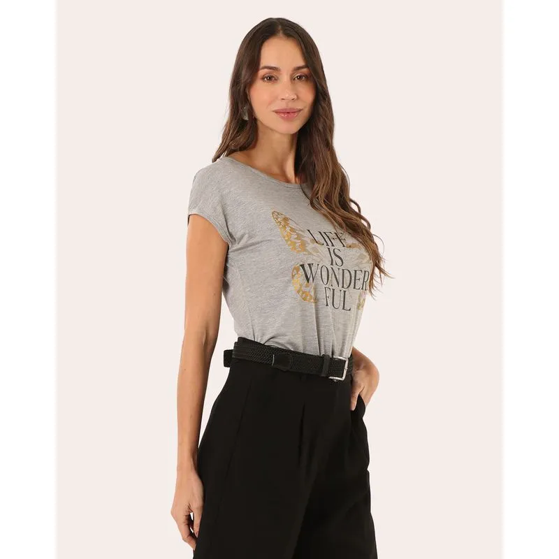 Blusa Feminina Estampa Borboleta Manga Curta Cinza M
