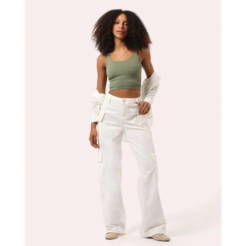 Calça Sarja Feminina Sawary Wide Leg Bolsos Cargo Off White 44