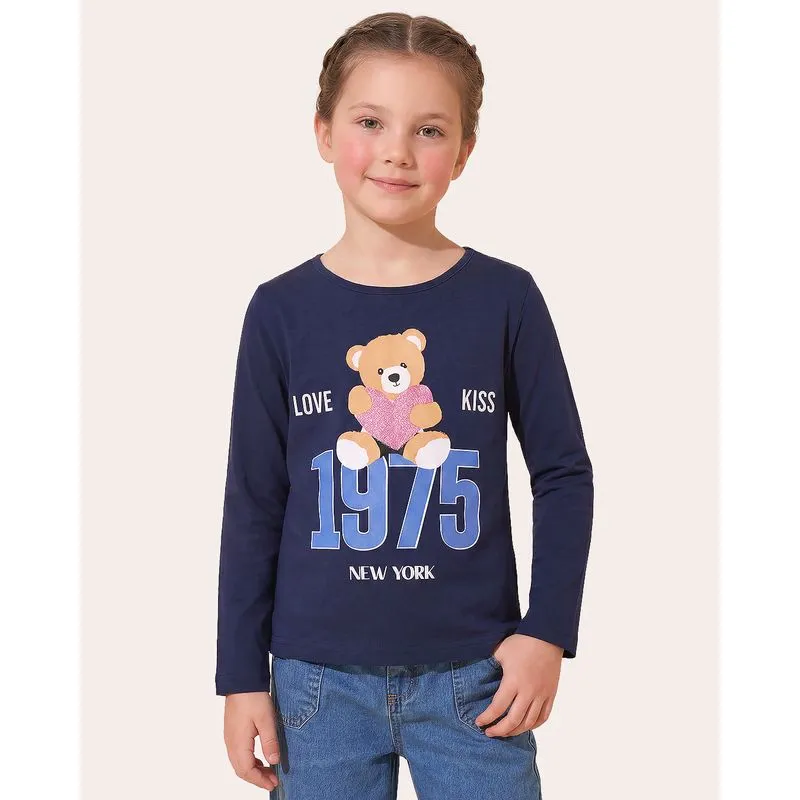 Blusa Infantil Estampa Ursinho Manga Longa Marinho 4
