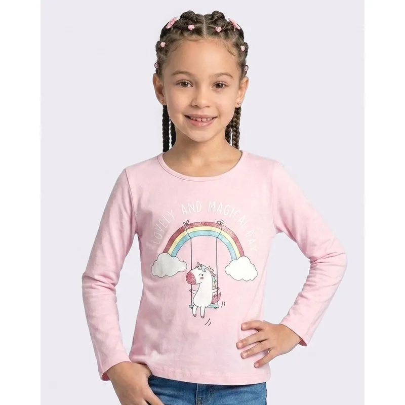 Blusa Infantil Estampa Unicórnio Manga Longa Rosa 16