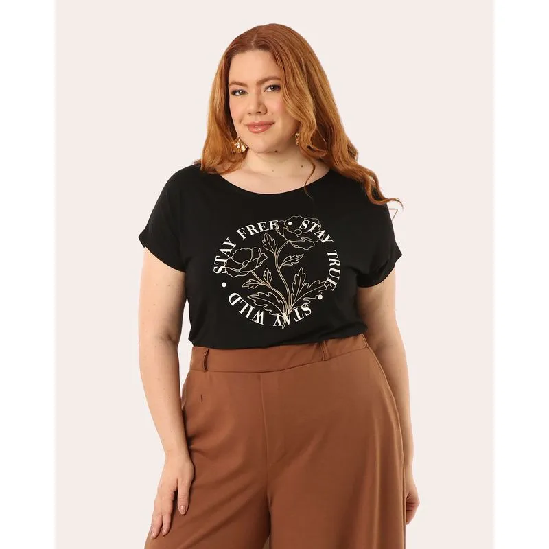 Blusa Plus Size Feminina Estampa Stay Free Manga Curta Preta G3