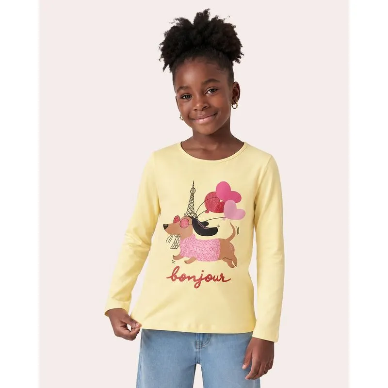 Blusa Infantil Estampa Cachorro Bonjour Manga Longa Amarela 16