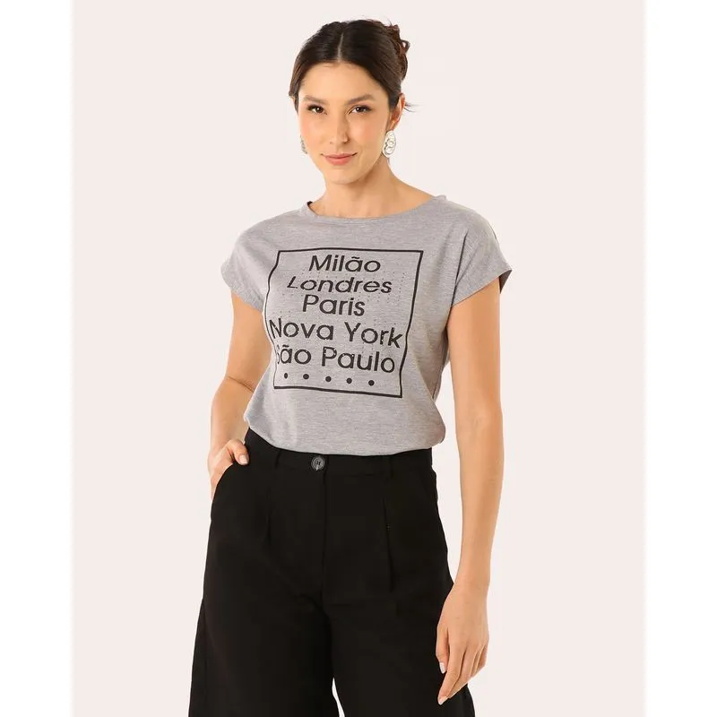 Blusa Feminina Mesclada Estampa Frontal com Strass Cinza G