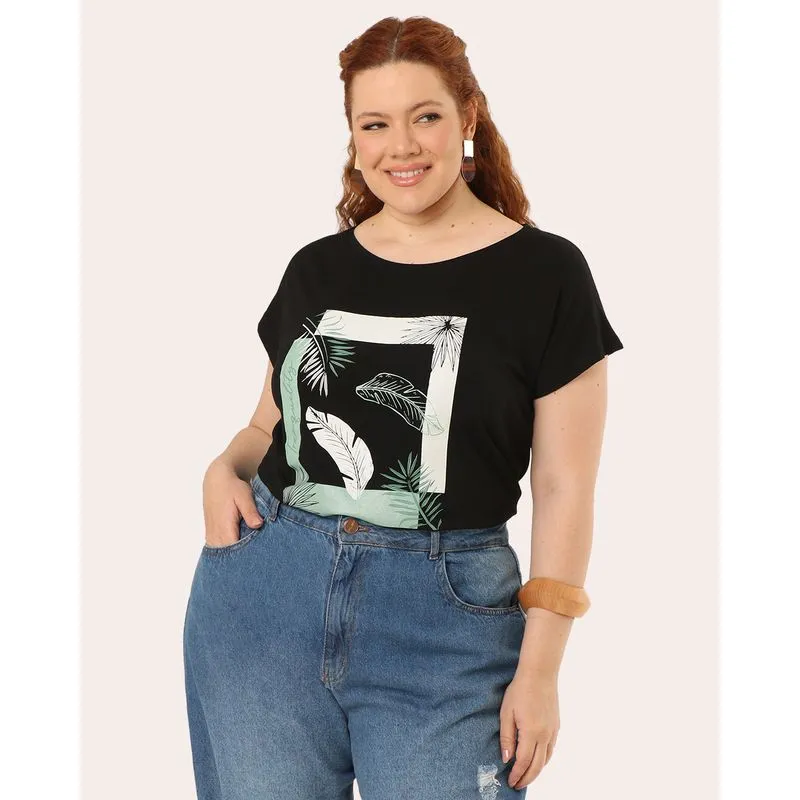 Blusa Plus Size Feminina Estampa Folhagem Preta G5