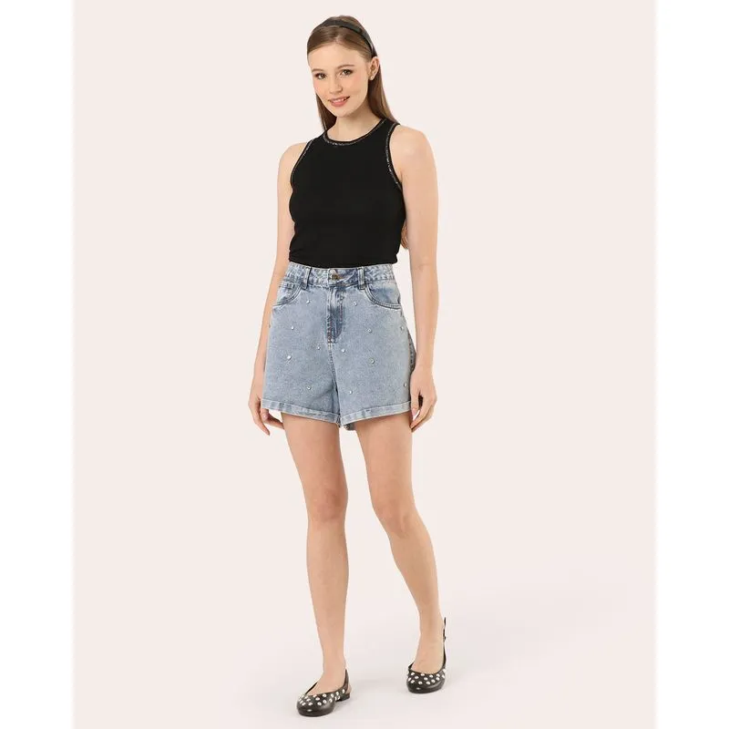 Short Jeans Feminino Mom Com Pedras Barra Dobrada Azul 42