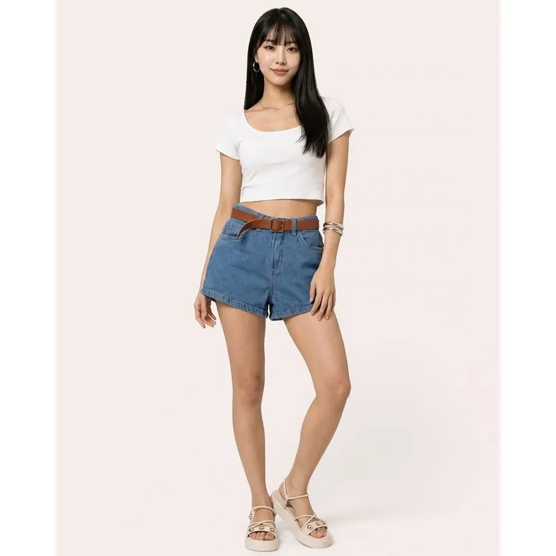 Short Jeans Feminino Com Cinto Azul 38