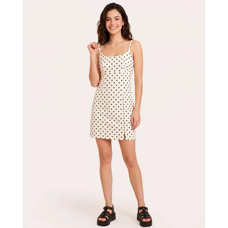 Vestido Sarja Feminino Curto Poá com Alcinha Bege PP