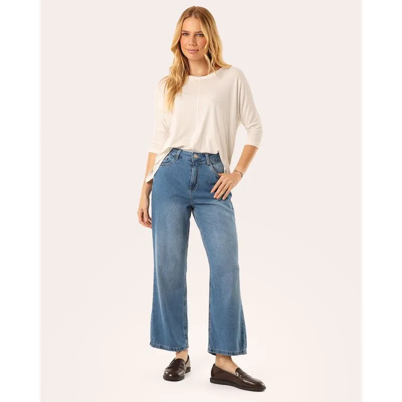 Calça Jeans Feminina Reta Cropped Cintura Alta Estonada Azul 48