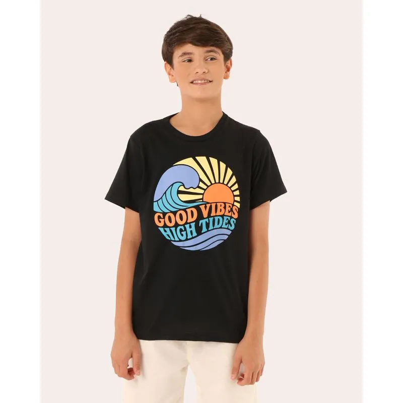 Camiseta Juvenil Algodão com Estampa Good Vibes Preta 10