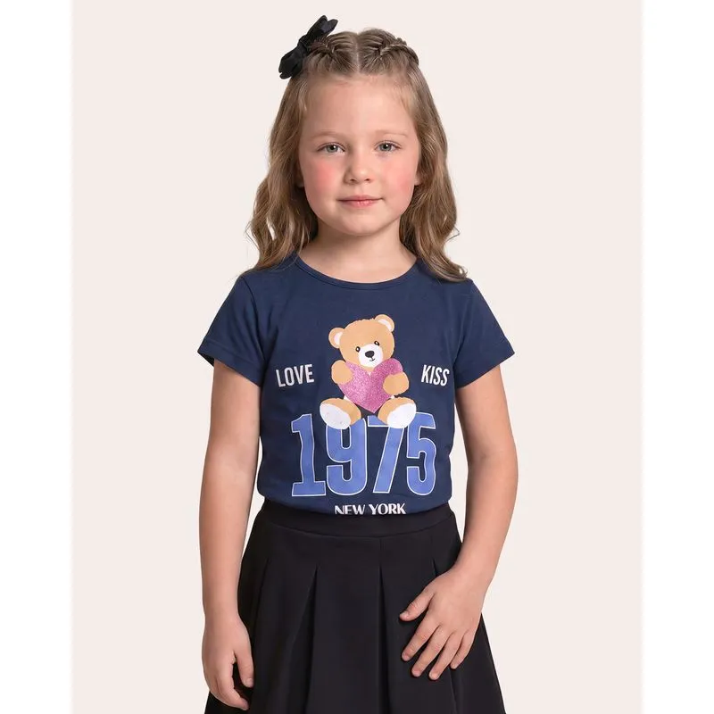 Blusa Infantil Estampa Ursinho Manga Curta Marinho 4