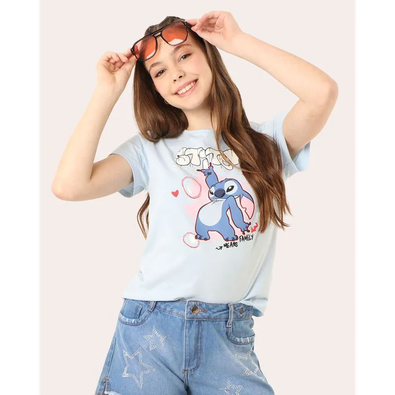 Camiseta Juvenil Algodão Disney Stitch Manga Curta Azul 14