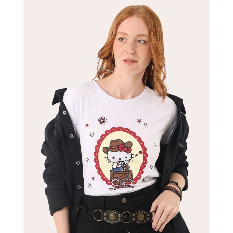 Camiseta Feminina Algodão Hello Kitty Country Branca P