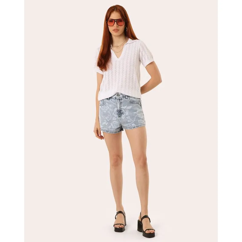 Short Jeans Feminino Estampado Floral com Bolsos Azul 44