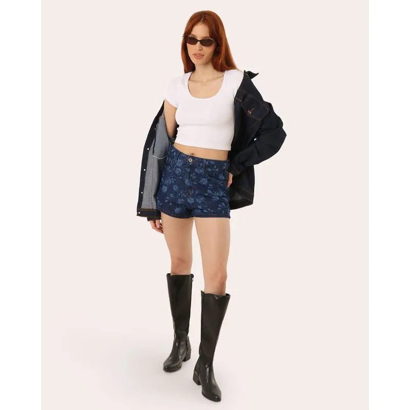 Short Jeans Feminina Estampado Floral Azul Escuro 38
