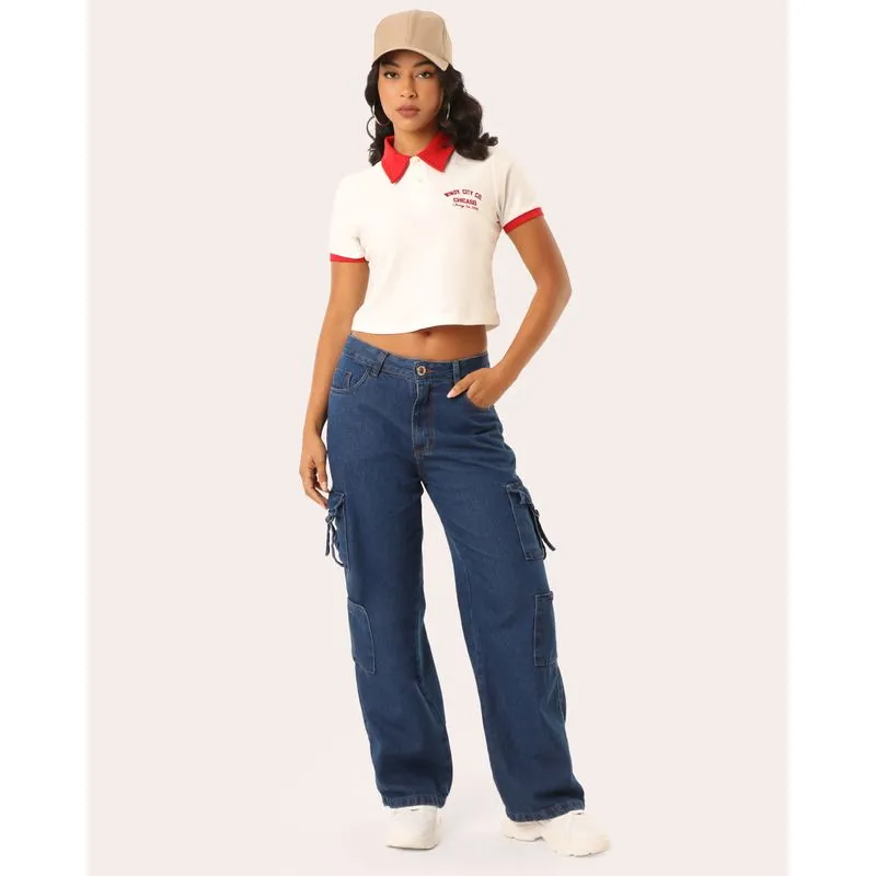 Calça Jeans Feminina Marmorizada Super Cargo Azul Escuro 34