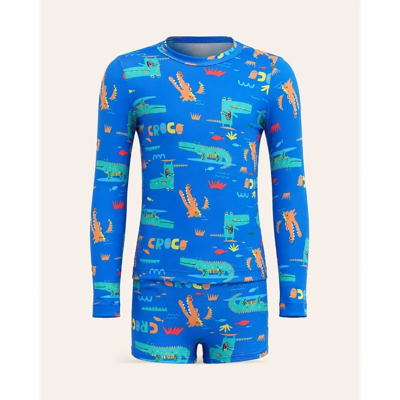Conjunto Bebê Praia Camiseta Sunga Jacaré Proteção UV Azul 1