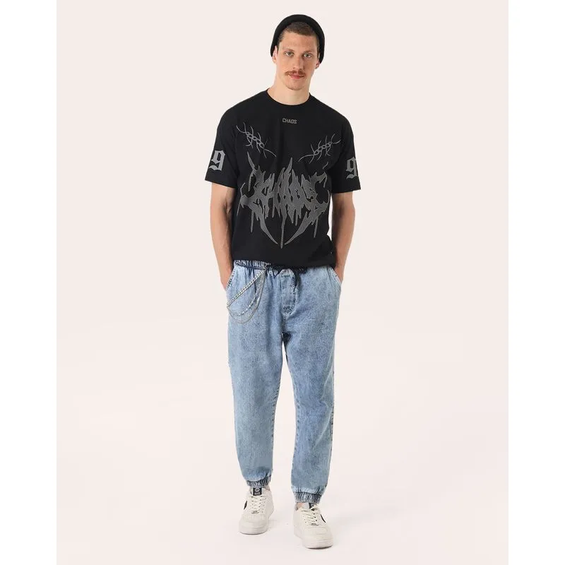 Calça Jeans Masculina Jogger Marmorizada com Bolsos Azul M
