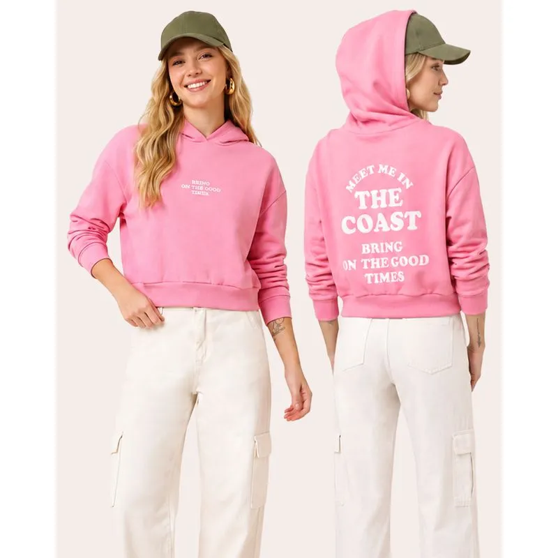 Blusão Moletom Feminino com Capuz Estampa Frente e Costas Rosa G