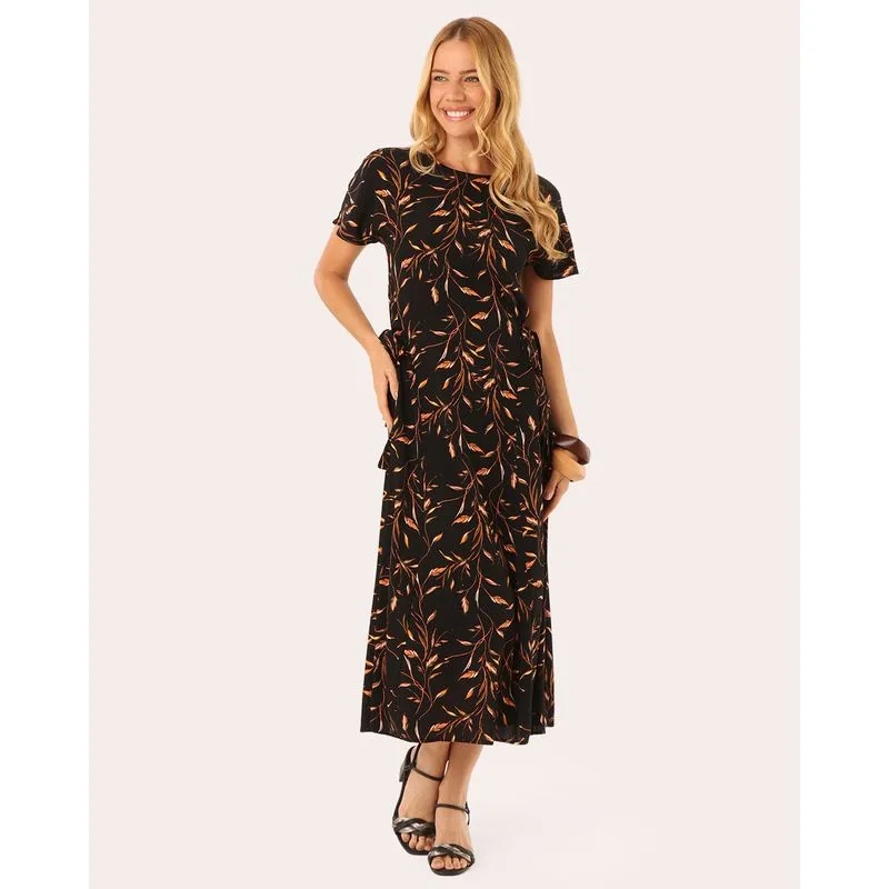 Vestido Feminino Berry & Co. Midi Viscose Estampado Preto GG