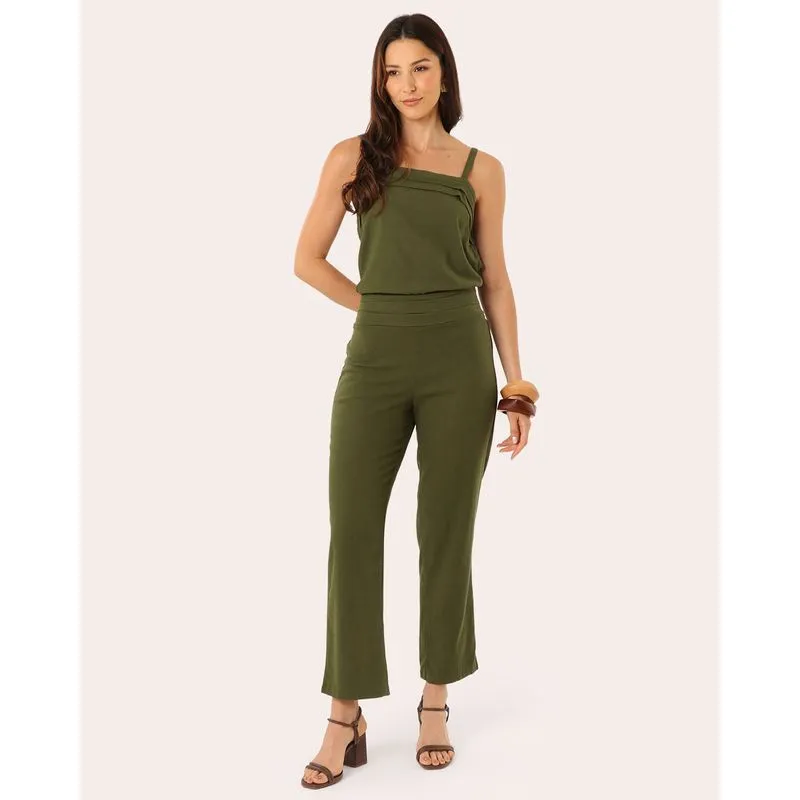 Calça Feminina Berry & Co. Reta Linho Cós Plissado Verde M