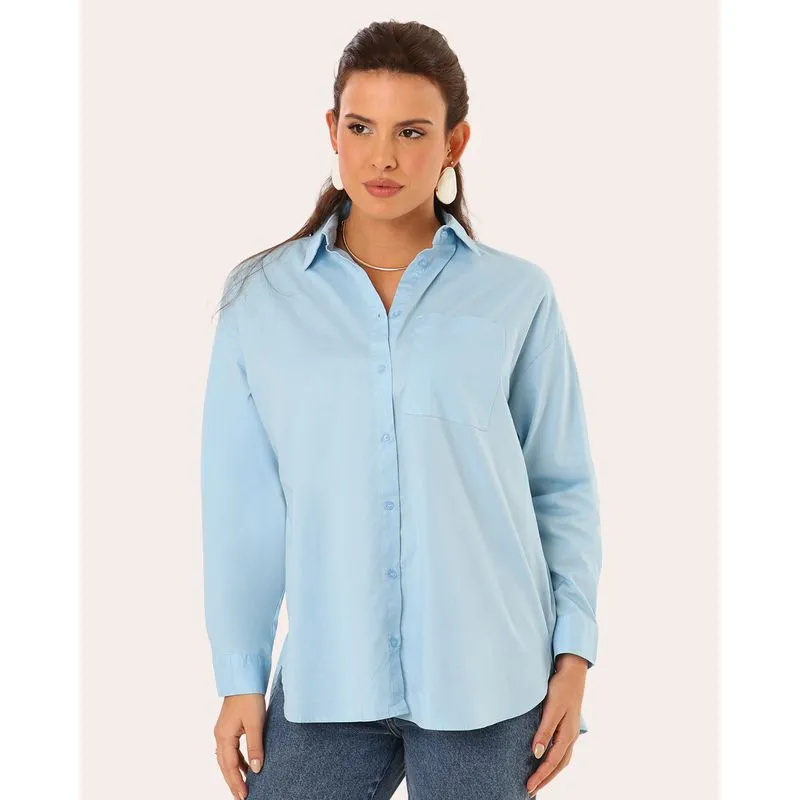 Camisa Feminina Tricoline com Bolso Manga Longa Azul GG