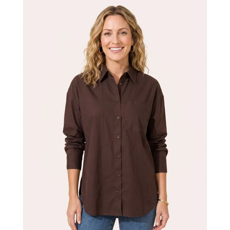 Camisa Feminina Tricoline com Bolso Manga Longa Marrom GG
