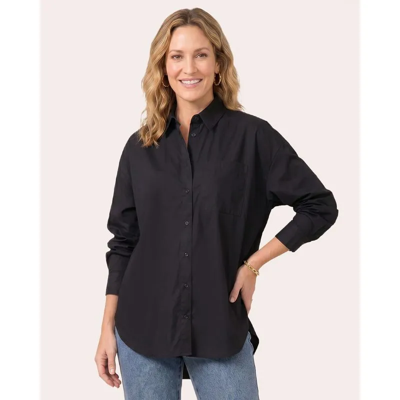 Camisa Feminina Tricoline com Bolso Manga Longa Preta P