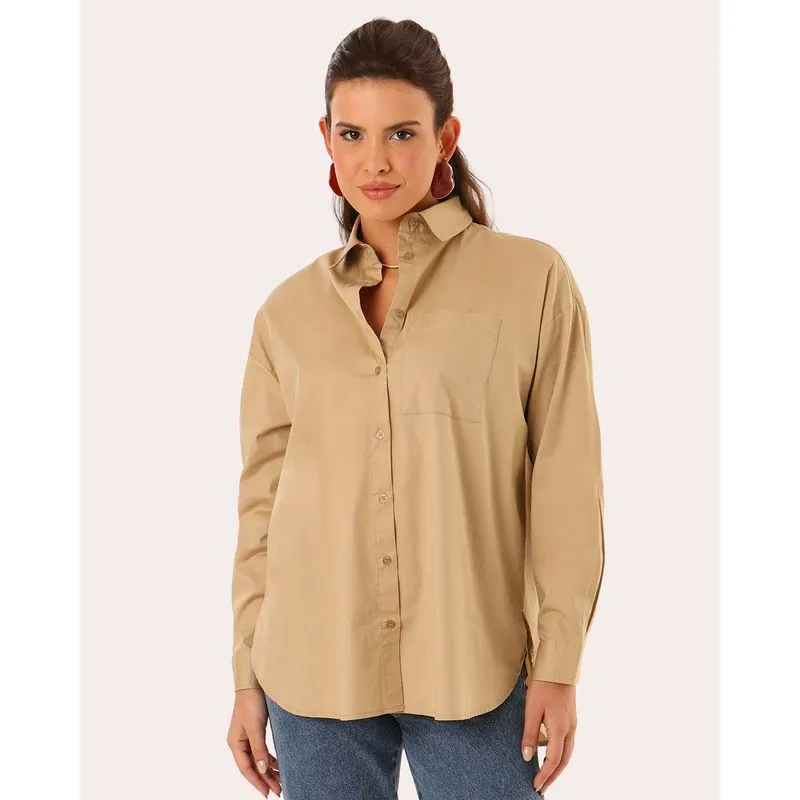 Camisa Feminina Tricoline com Bolso Manga Longa Bege GG