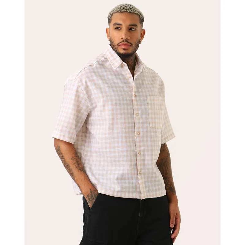 Camisa Masculina Xadrez Manga Curta Bege 2