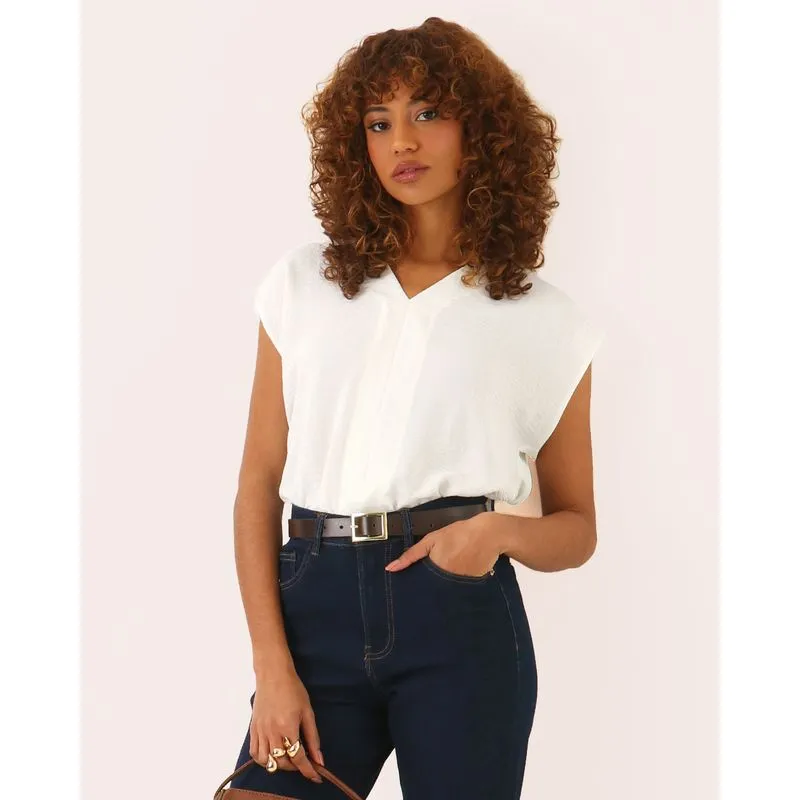 Blusa Feminina Berry & Co. Decote V Manga Curta Off White UN