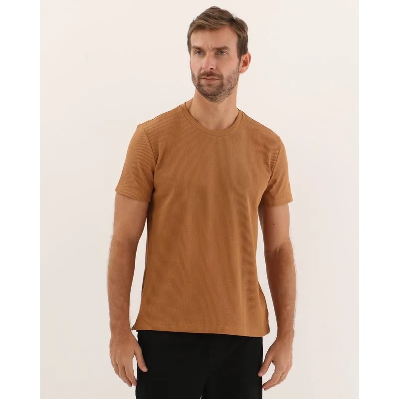 Camiseta Masculina Texturizada Manga Curta Bege Escuro PP
