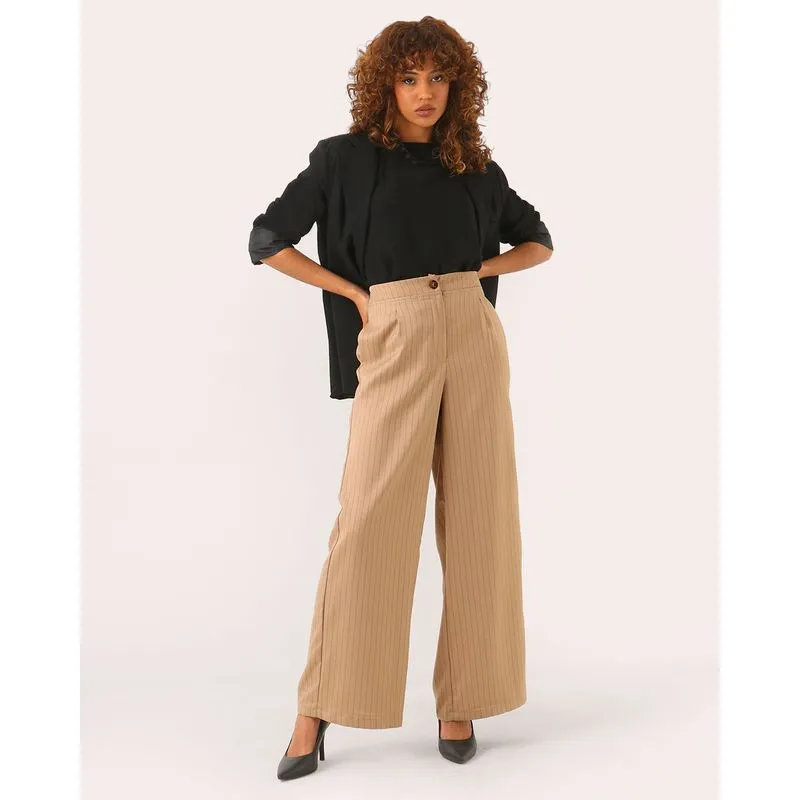 Calça Feminina Pantalona Alfaiataria Risca de Giz Bege M