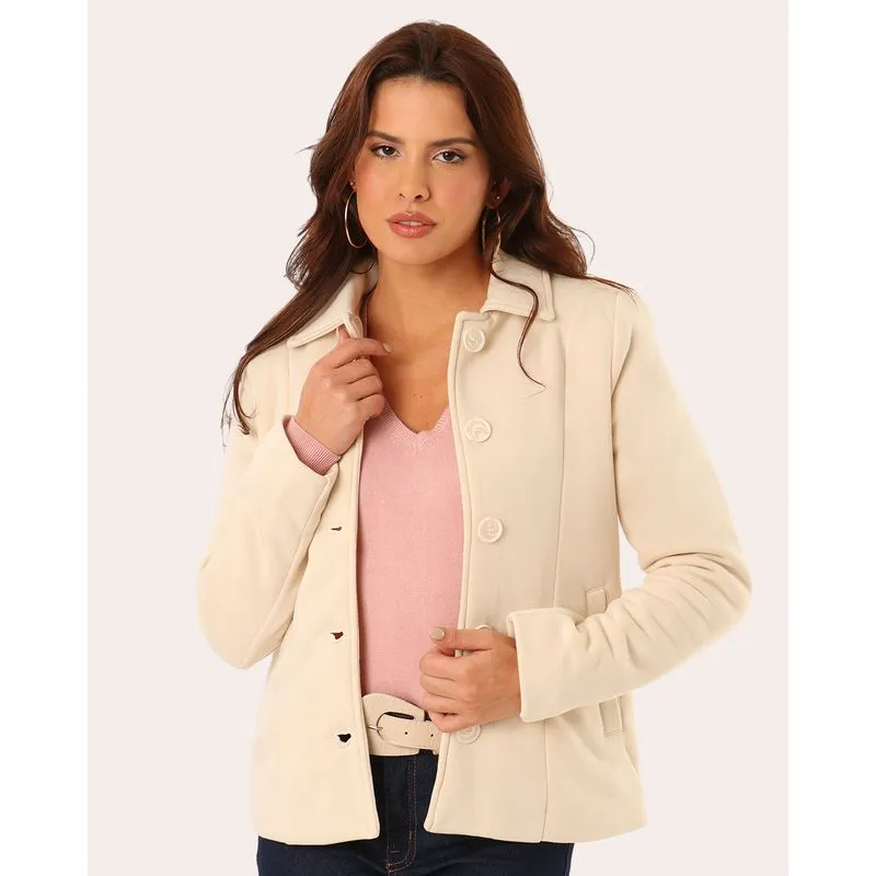 Casaco Moletom Feminino com Bolsos Botões Bege M