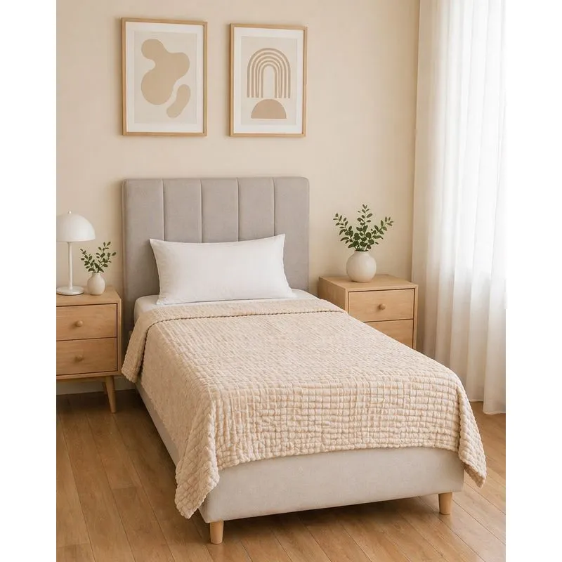 Manta Solteiro Flannel Fleece Quadriculado Bege UN