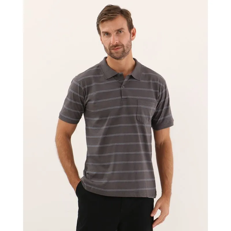 Camisa Polo Masculina Listrada com Bolso Cinza M