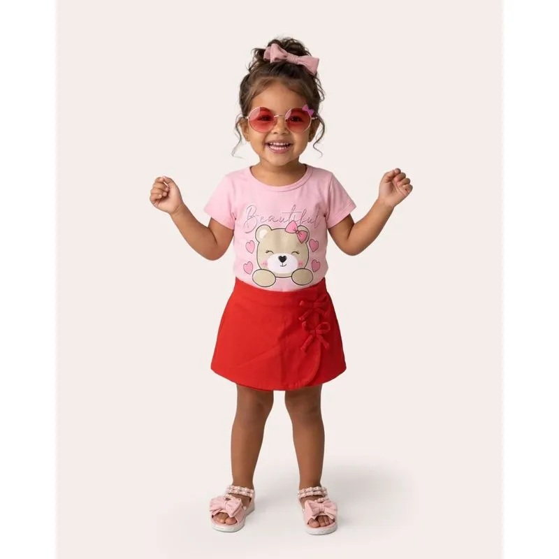 Blusa Bebê Estampada Urso Manga Curta Rosa 1