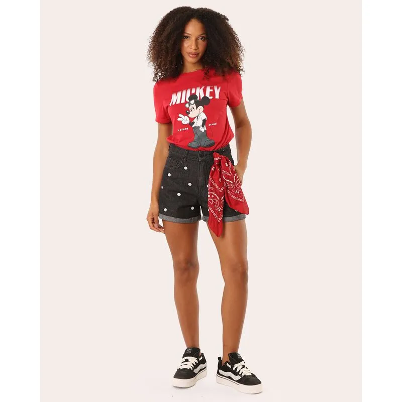 Short Jeans Feminino Mom Bordado Poá Barra Dobrado Preto 46