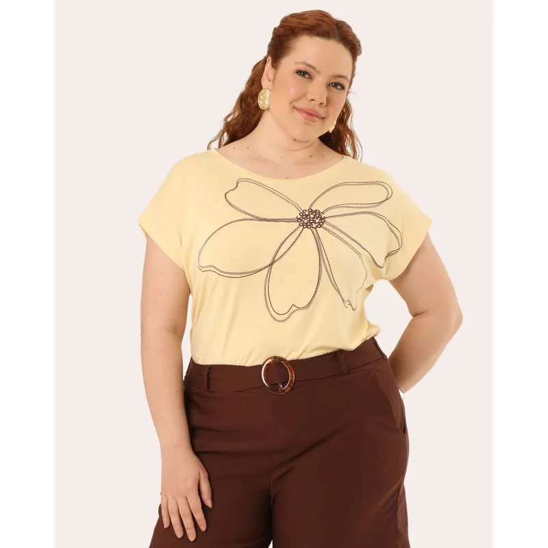 Blusa Plus Size Feminina Estampa Flor Pérolas Amarela G1
