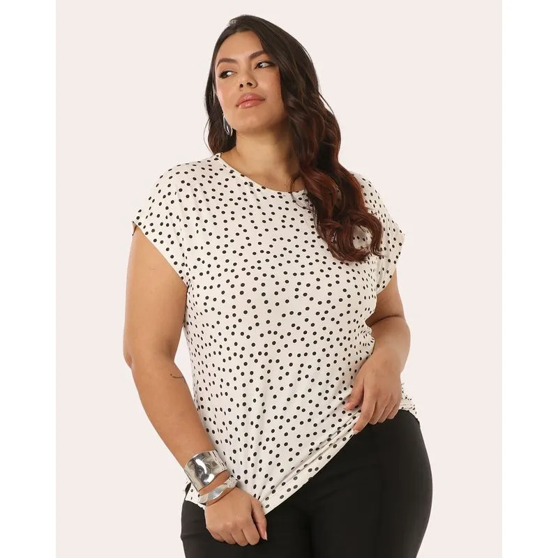 Blusa Feminina Plus Size Poá Manga Curta Off White G2