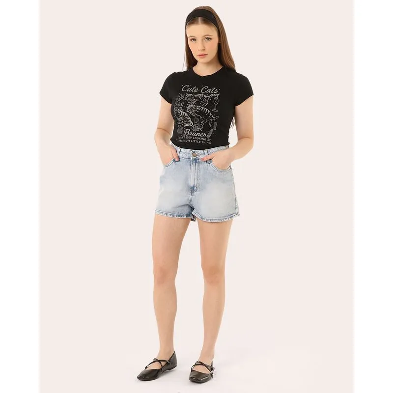 Short Jeans Feminino Mom Marmorizado com Bolsos Azul 48