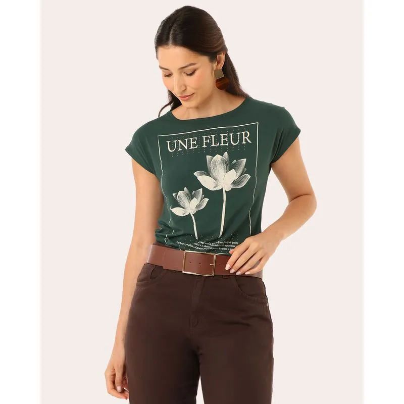 Blusa Feminina Estampa Floral Strass Manga Curta Verde M