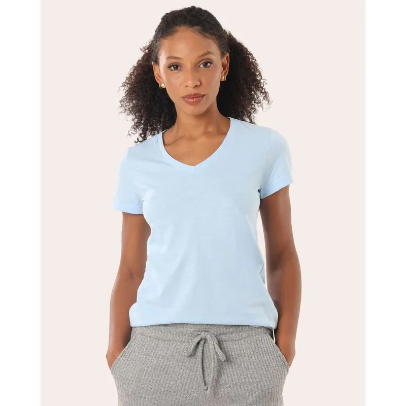 Blusa Feminina Básica Gola V Manga Curta Azul Claro P