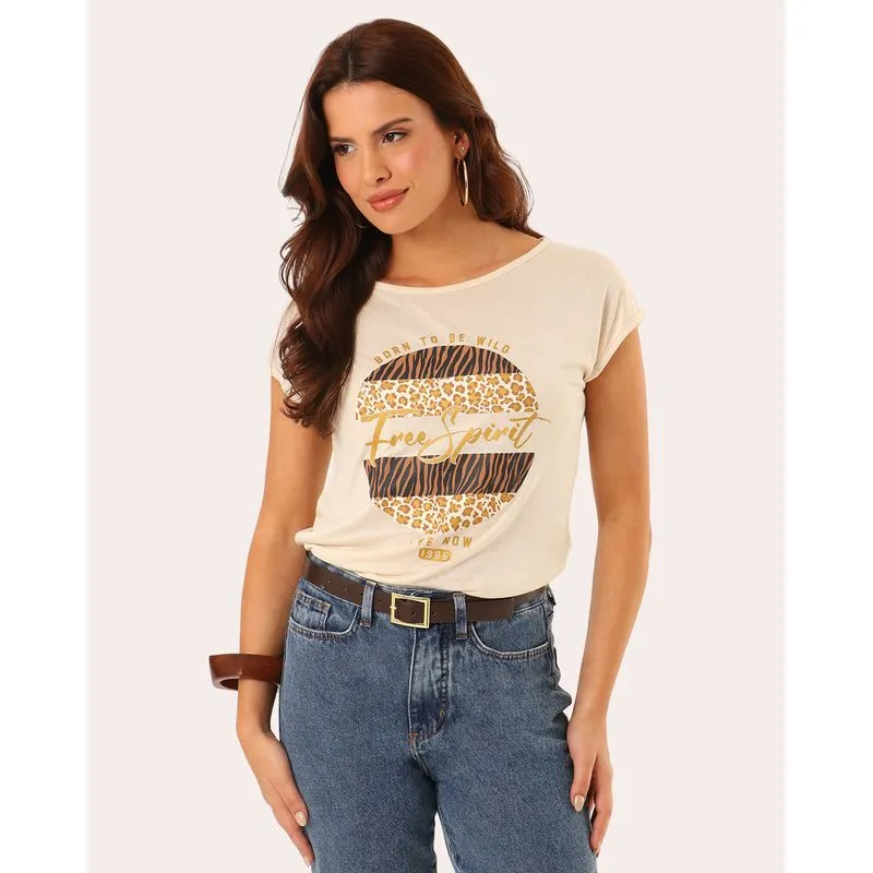 Blusa Feminina Estampada Manga Curta Bege XG