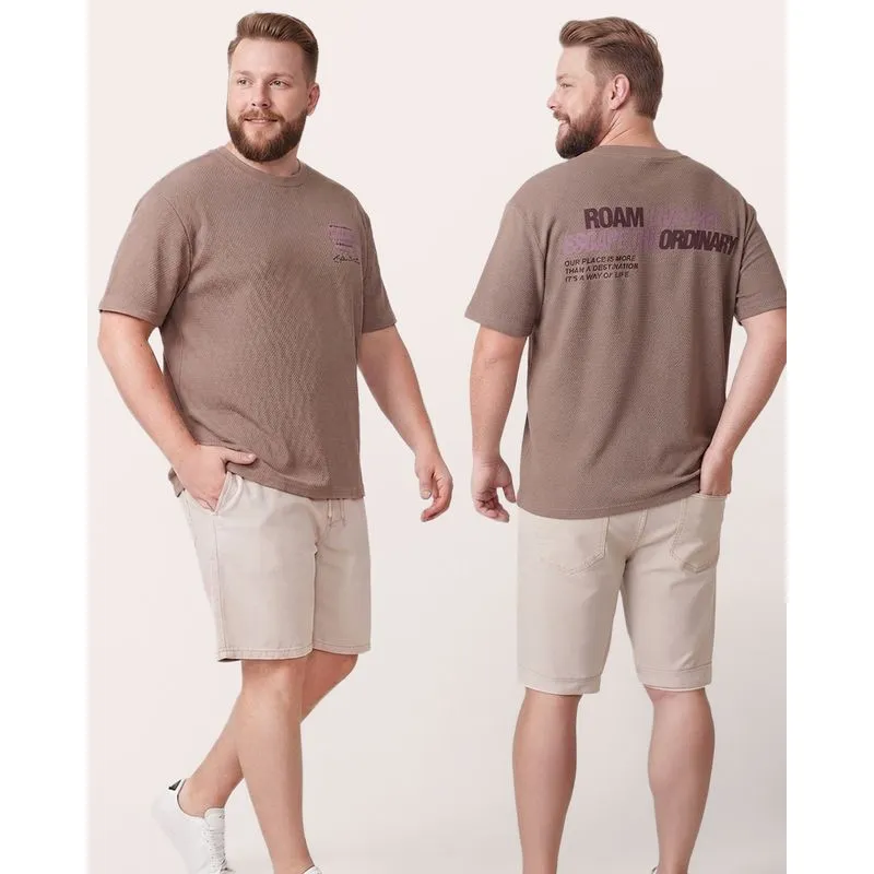 Camiseta Masculina Plus Size Estampa Frente e Verso Bege G2