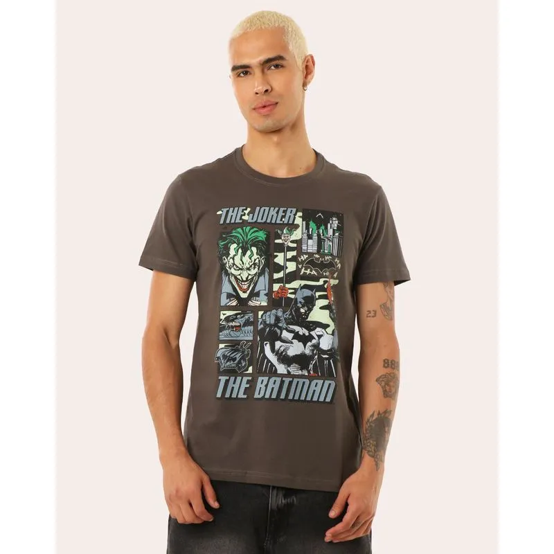 Camiseta Masculina Batman e Coringa Manga Curta Cinza G