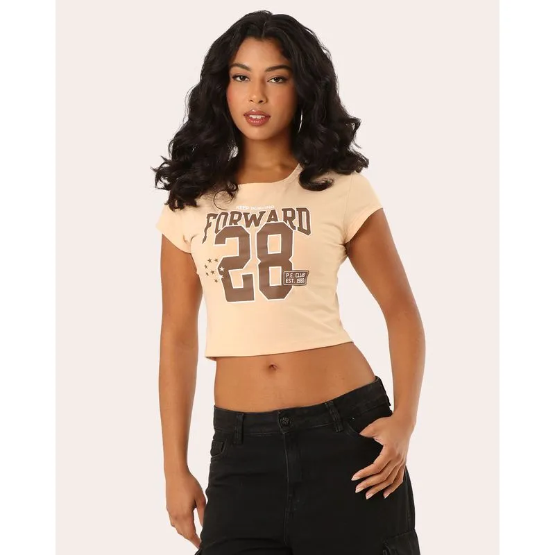 Blusa Cropped Feminina com Estampa Frontal Bege GG